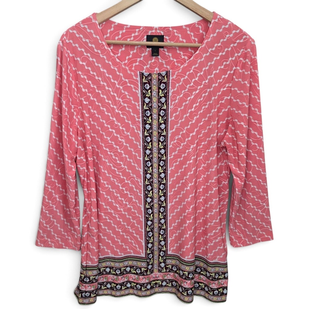 JM Collection Top Womens Large Pink Jacquard Textured Scoop Neck Blouse Stretch